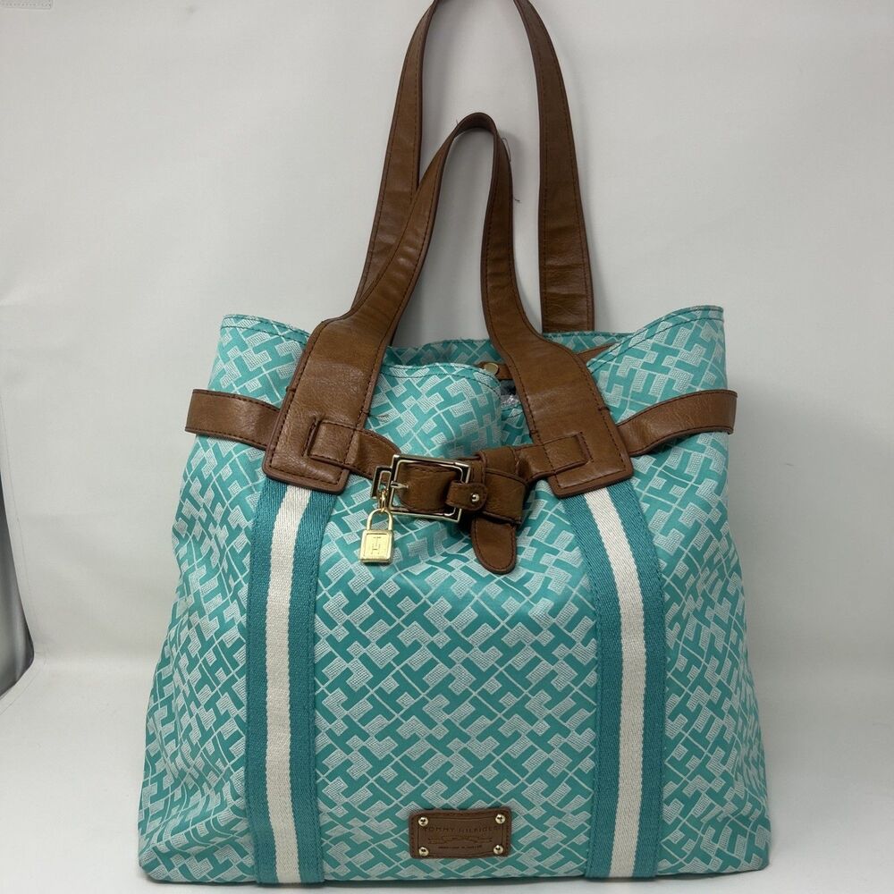 Tommy Hilfiger Teal Monogram Canvas Tote Bag
